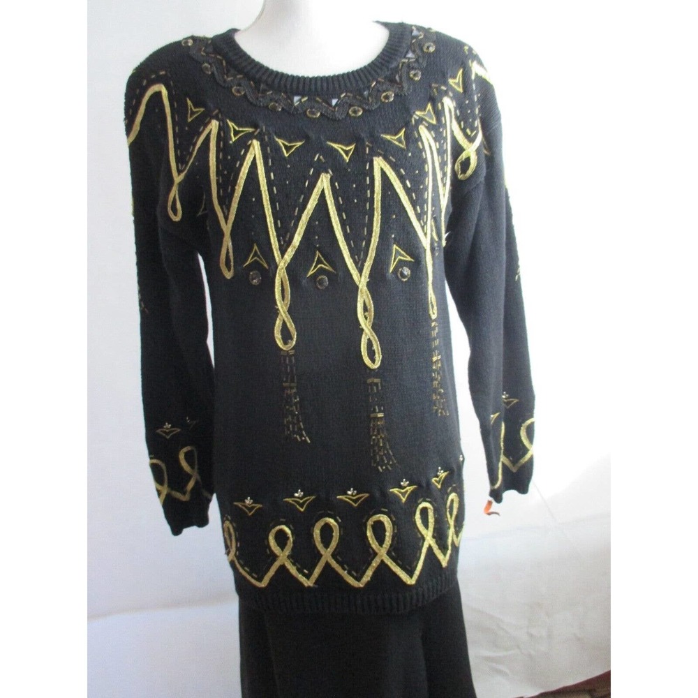VNTG Victoria Harbour S Knit Sweater Beaded Rhinestones Ribbon Women Black Gold